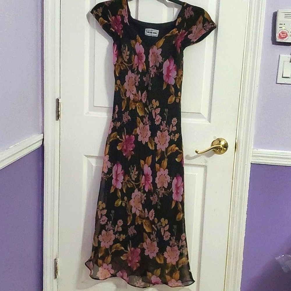 California Krush Black Pink Floral Boho Romantic Fit & Flowy Maxi Dress S